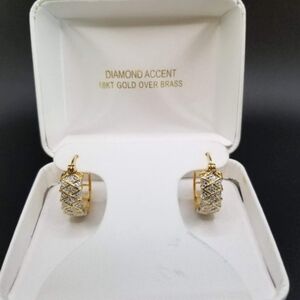 PAJ BR China 18Kt Gold Over Brass and CZ Pierced Hoop Earrings NIB